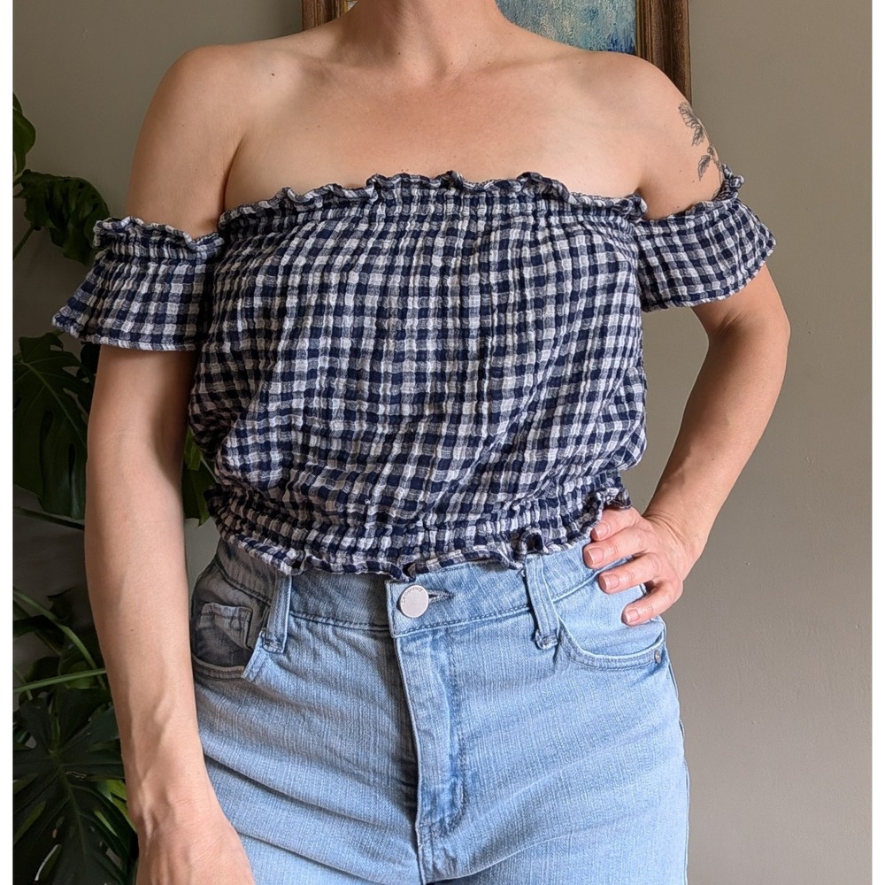 American Eagle Gingham Crop Top Off Shoulder Arm Cuff Cottagecore Peasant Picnic